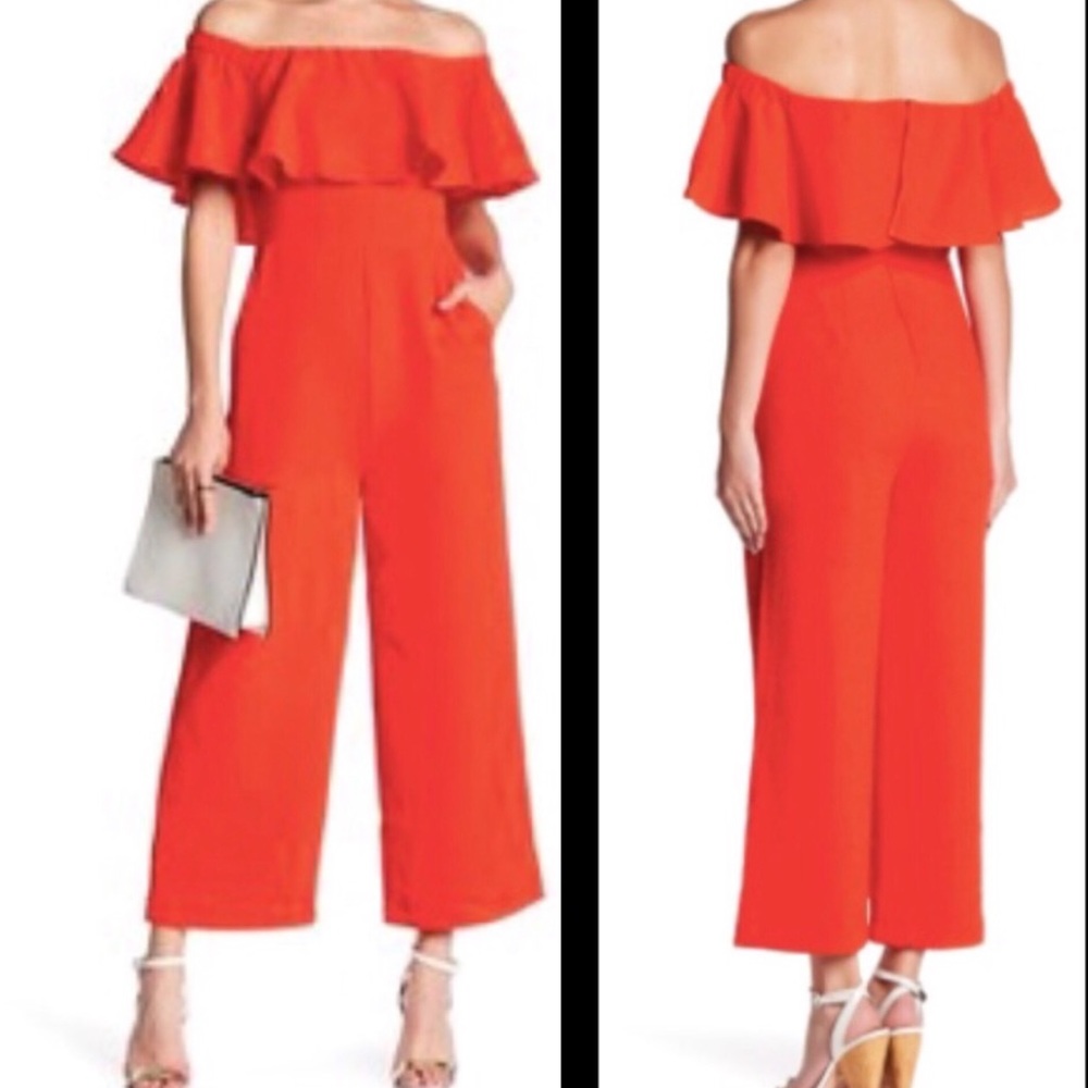 Endless Rose Off-Shoulder Ruffle Wide-Leg Jumpsuit in Bright Red